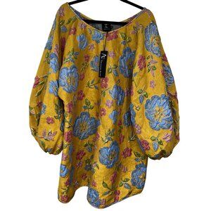 Arianne Elmy Yellow Floral Jacquard Good Luck Mini Dress Size M NWT Puff Sleeve